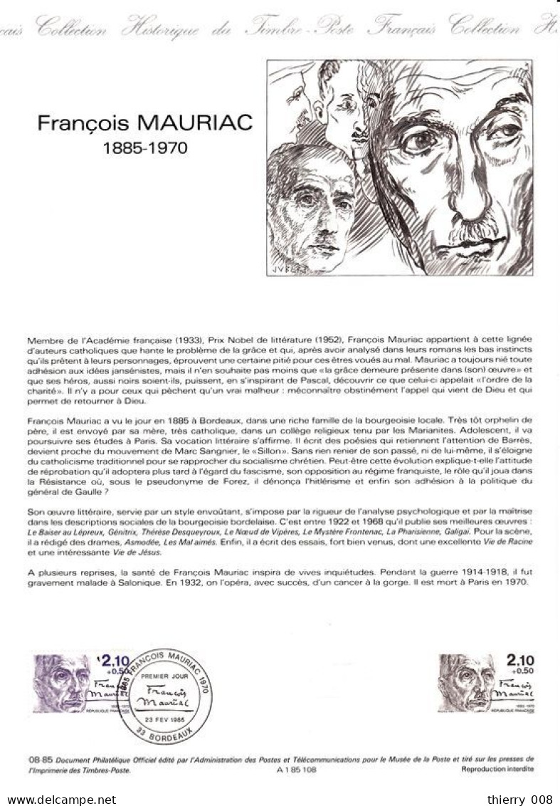 Document Officiel De La Poste Carnet Personnages 1985  François Mauriac 33 Bordeaux - Documents De La Poste