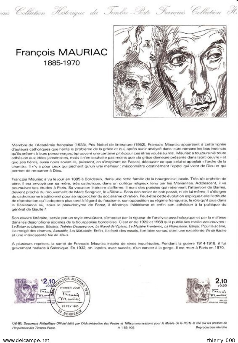 Document Officiel De La Poste Carnet Personnages 1985  François Mauriac 33 Bordeaux - Postdokumente