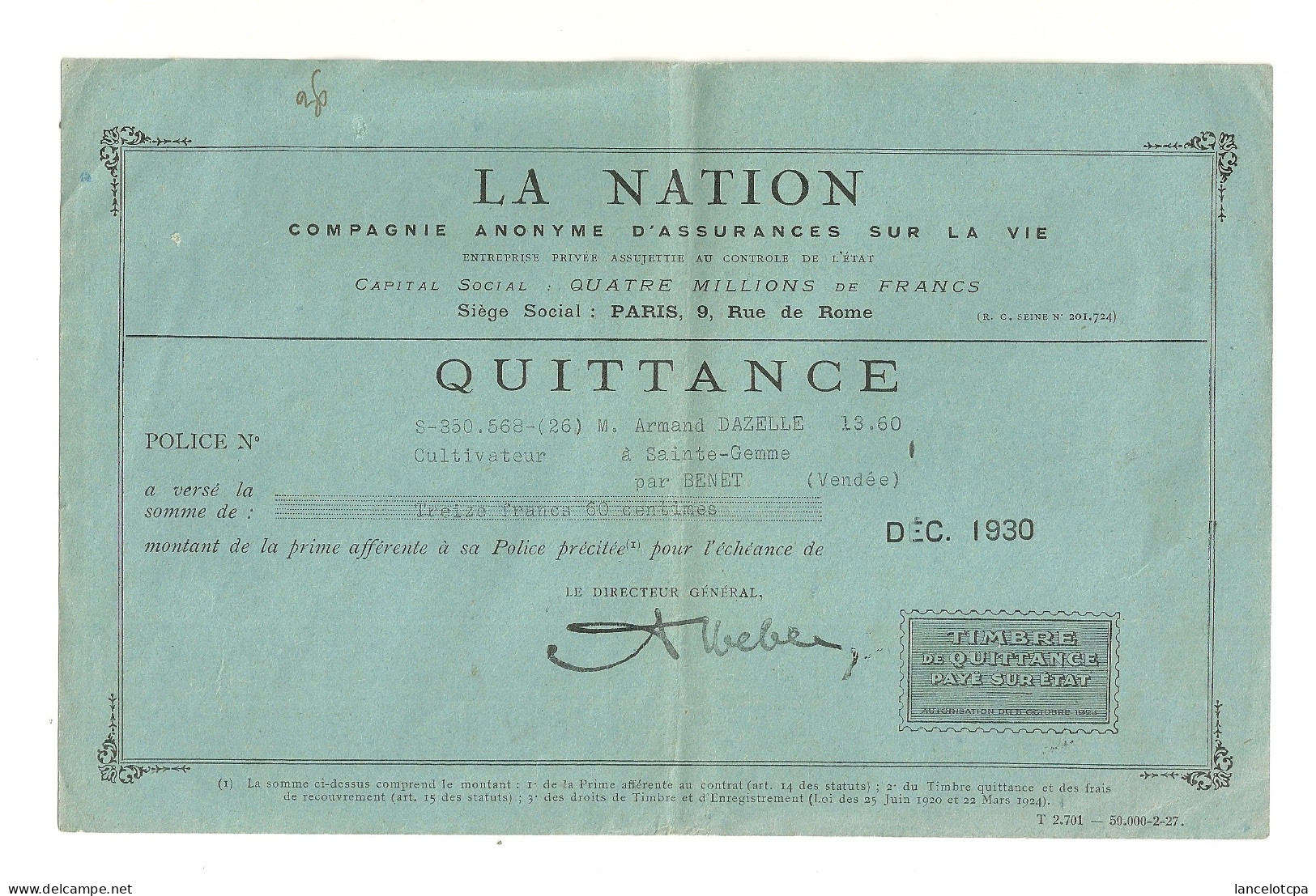 LA NATION ASSURANCES SUR LA VIE / QUITTANCE 1930 - 1900 – 1949