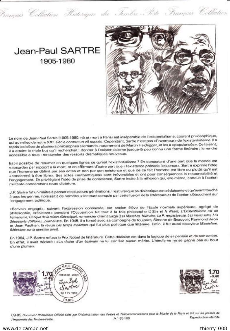 Document Officiel De La Poste Carnet Personnages 1985  Jean Paul SARTRE Paris 75 - Documents De La Poste
