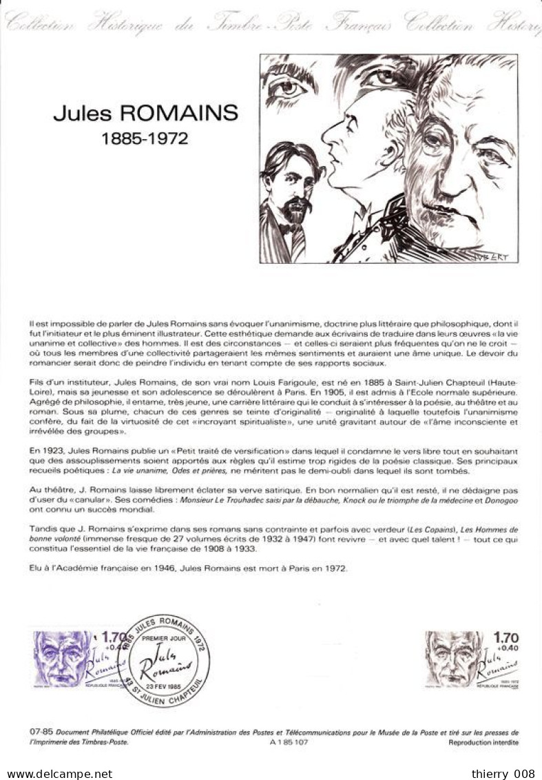 Document Officiel De La Poste Carnet Personnages 1985  Jules ROMAINS Saint Julien Chapteuil 43 Haute Loire - Documents De La Poste