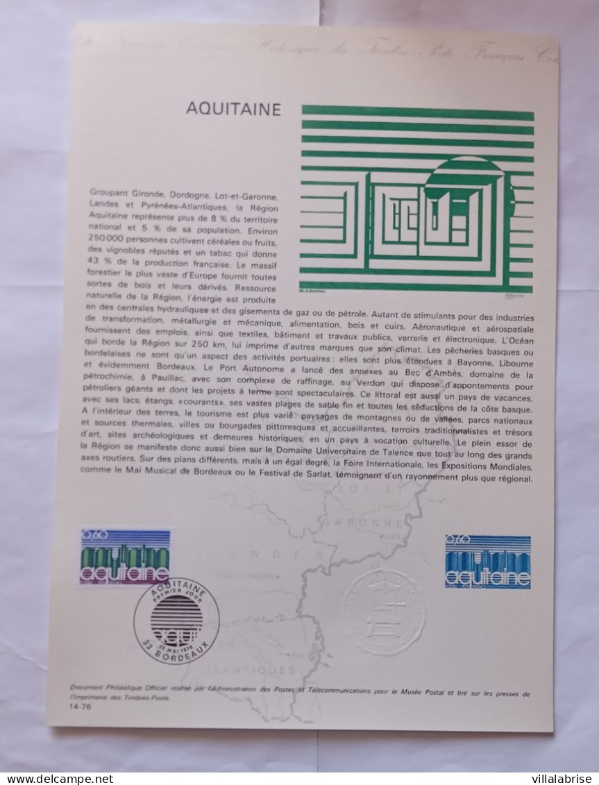 France 1976 – Les timbres de l’année oblitérés « premier jour » sur 47 documents philatéliques officiels