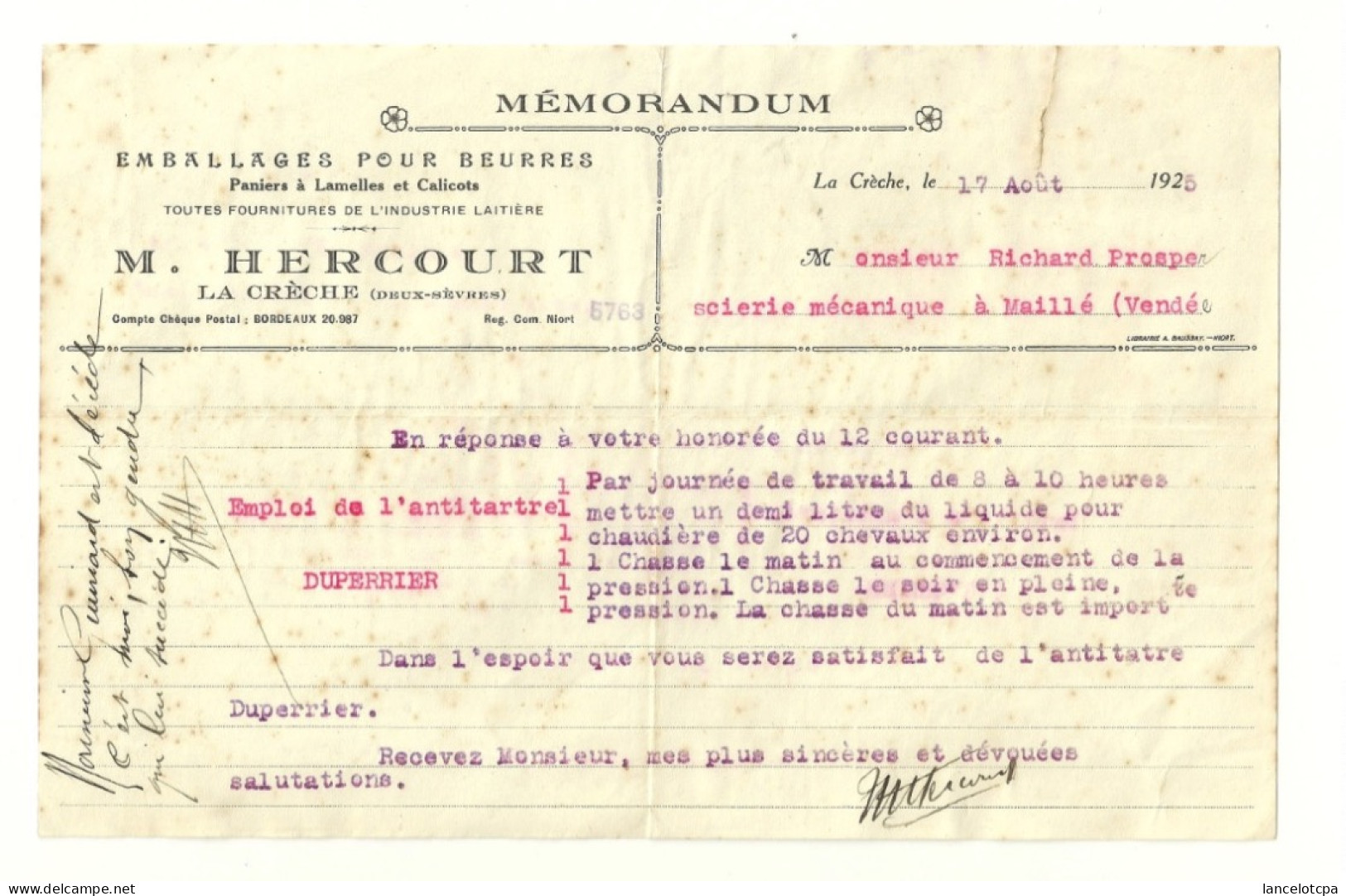 MAISON HERCOURT à LA CRECHE (DEUX SEVRES) / EMBALLAGES POUR BEURRES - INDUSTRIE LAITIERE - 1900 – 1949
