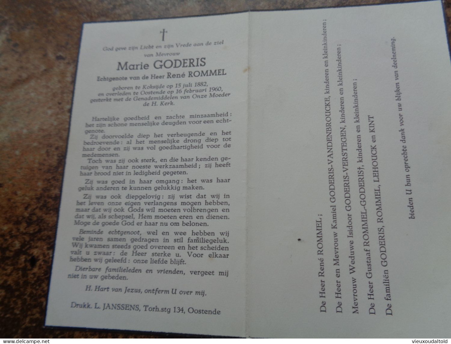 --Doodsprentje/Bidprentje  Marie GODERIS   Koksijde 1882-1960 Oostende  (Echtg René ROMMEL) - Other & Unclassified