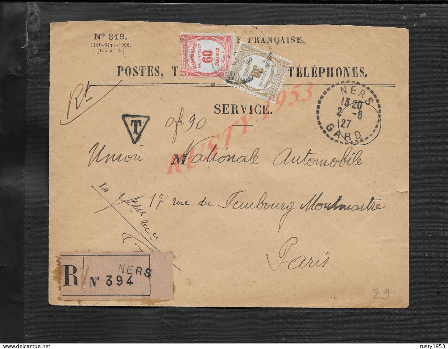 LETTRE POSTES TÉLÉGRAPHES & TELEPHONES DE 1927 TAXÉ SUR TIMBRE TAXE EN R CACHET NERS X PARIS : - Telegramas Y Teléfonos