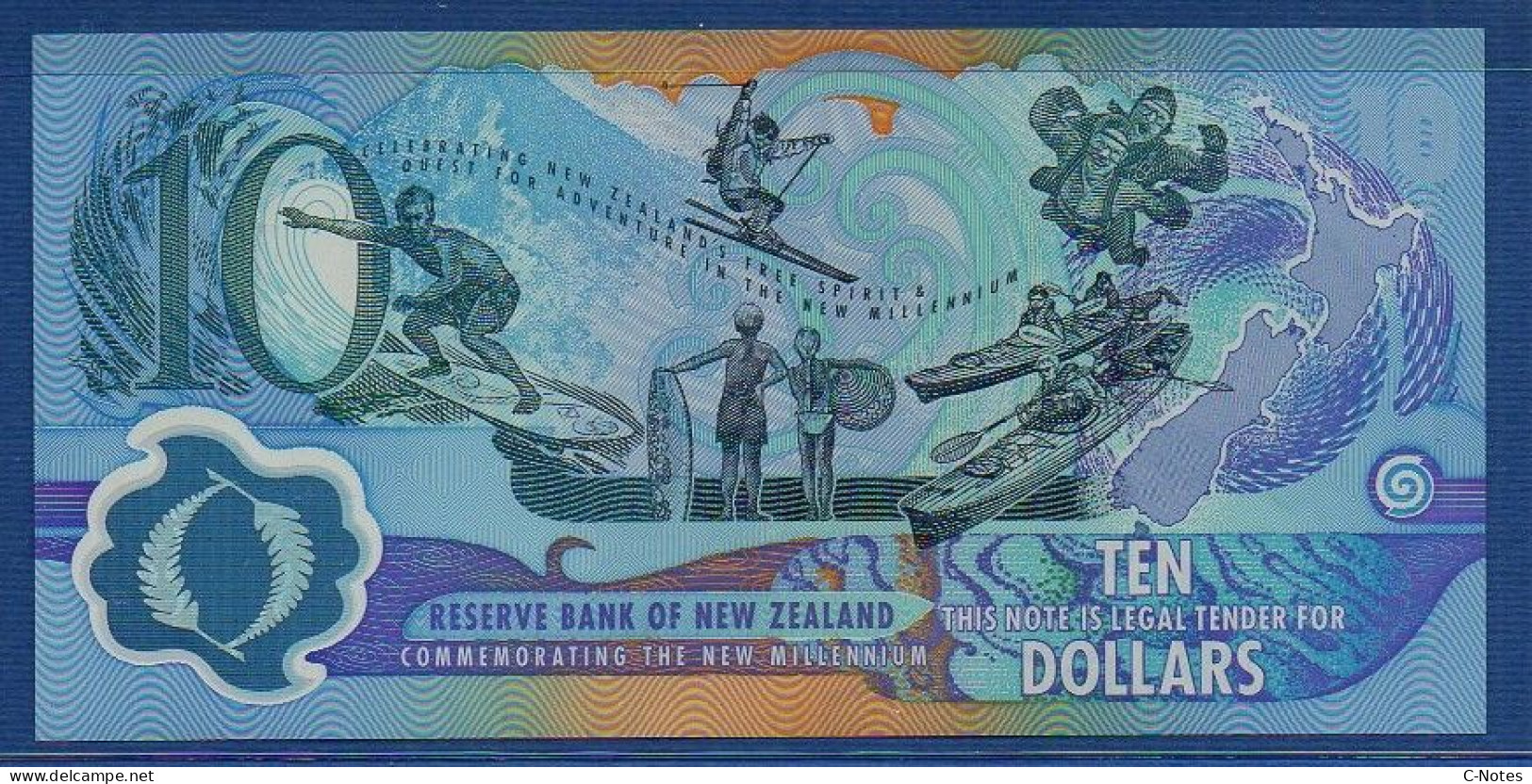 NEW ZEALAND  - P.190a – 10 Dollars 2000 UNC, S/n CD00048423 - Year 2000 Commemorative Issue - Black Serial - New Zealand
