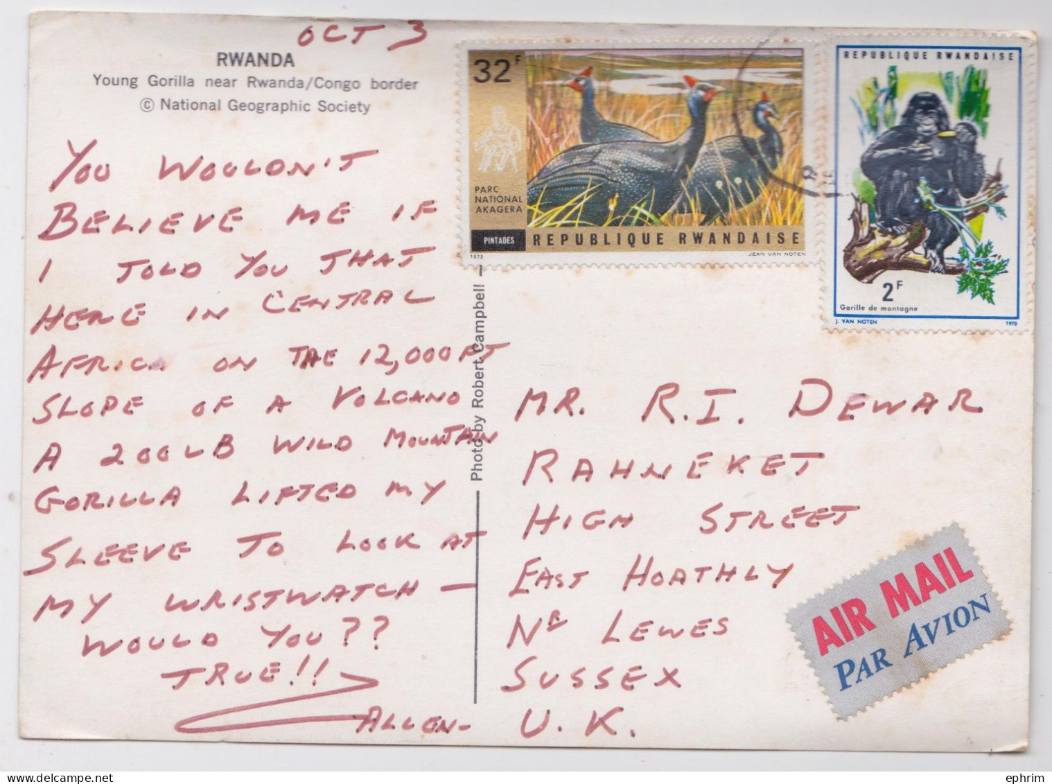 Rwanda Ruanda Carte Postale Timbre Parc National Gorille Gorilla Stamp 1970 Air Mail Postcard - Covers & Documents