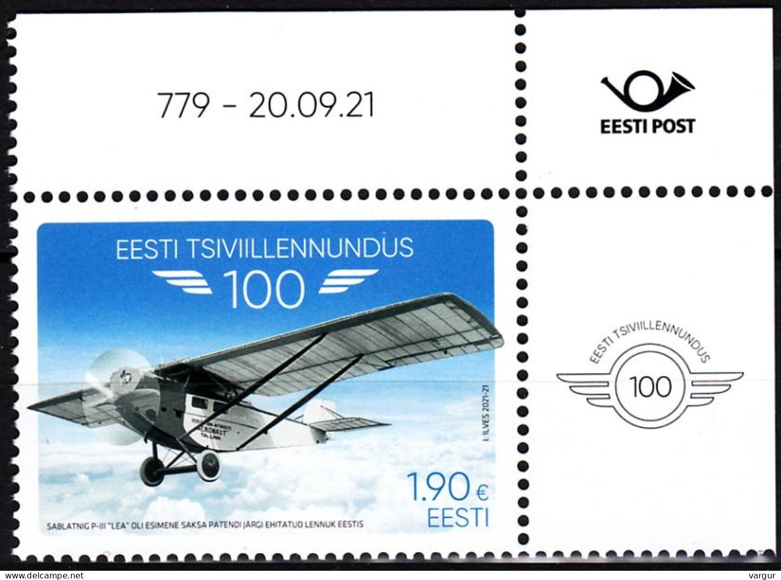 ESTONIA 2021-19 TRANSPORT Plane: Civil Aviation Centenary. Data CORNER, MNH - Avions