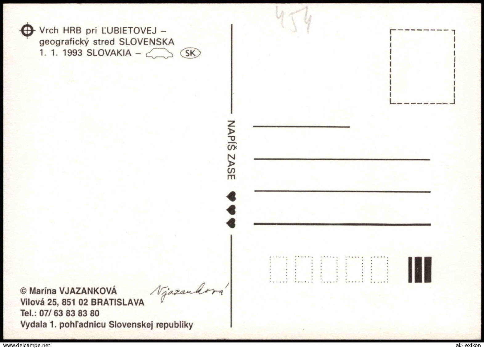 Postcard Slowakei Landkarte Slovakia Mittelpunkt Vrch HRB 1993 - Slovakia