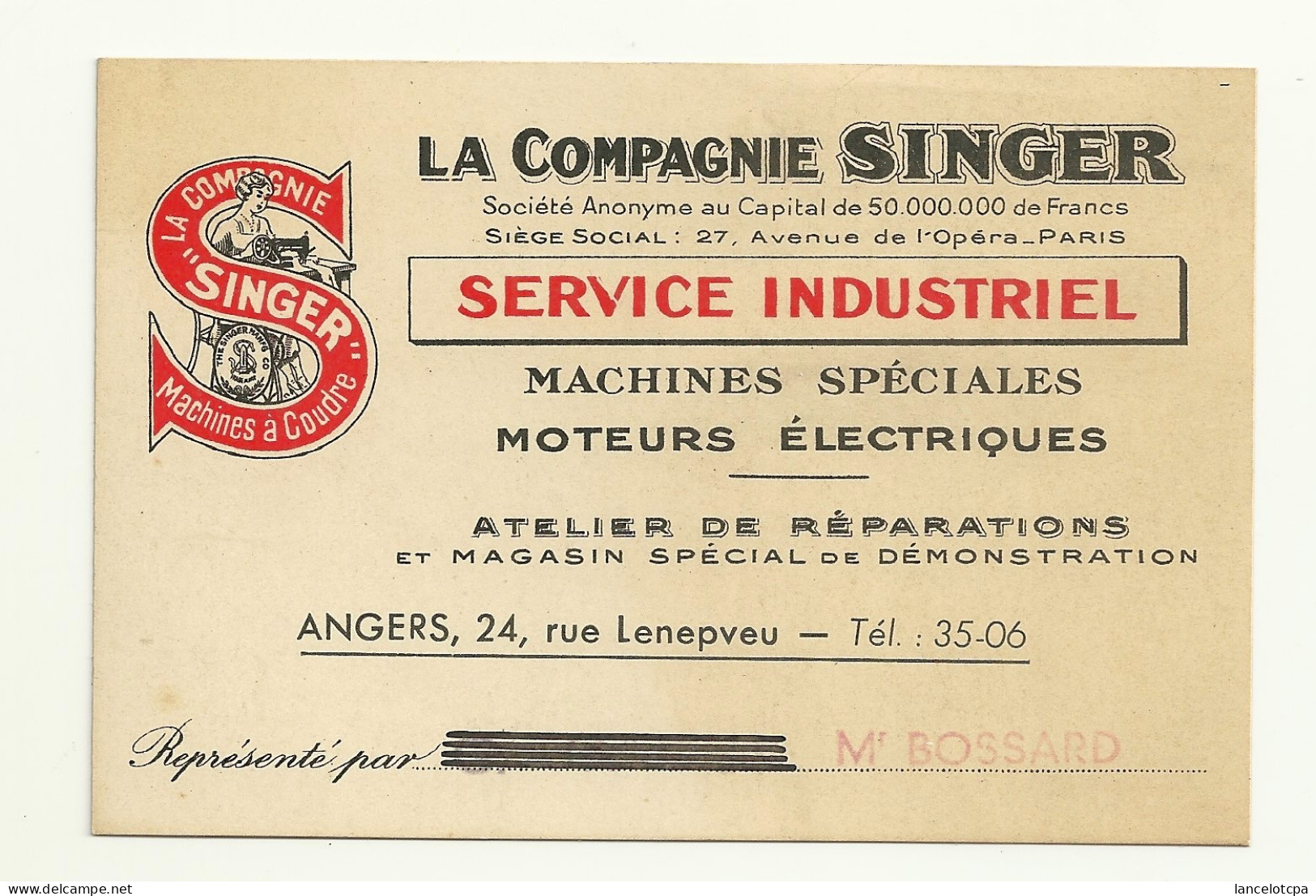 CARTE DE VISITE / LA COMPAGNIE SINGER - SERVICE INDUSTRIEL - 24 RUE LENEPVEU à ANGERS - Cartes De Visite