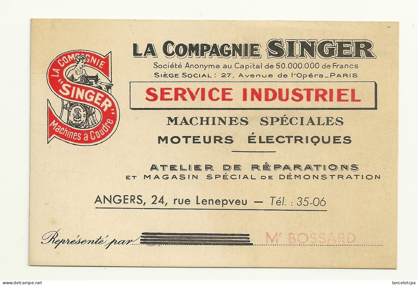 CARTE DE VISITE / LA COMPAGNIE SINGER - SERVICE INDUSTRIEL - 24 RUE LENEPVEU à ANGERS - Visiting Cards
