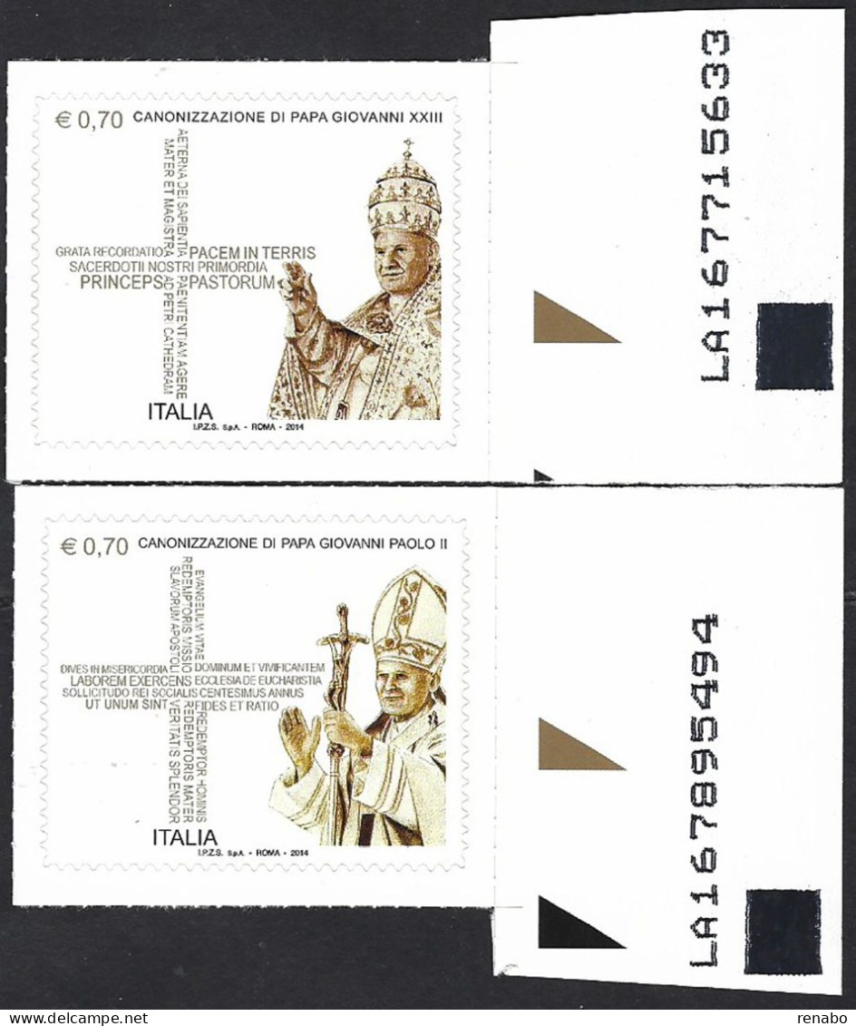 Italia 2014; Canonizzazione Di Papa Giovanni XXIII E Di Papa Giovanni Paolo II, Serie Completa Con Codice Alfanumerico. - 2011-20: Nieuw/plakker