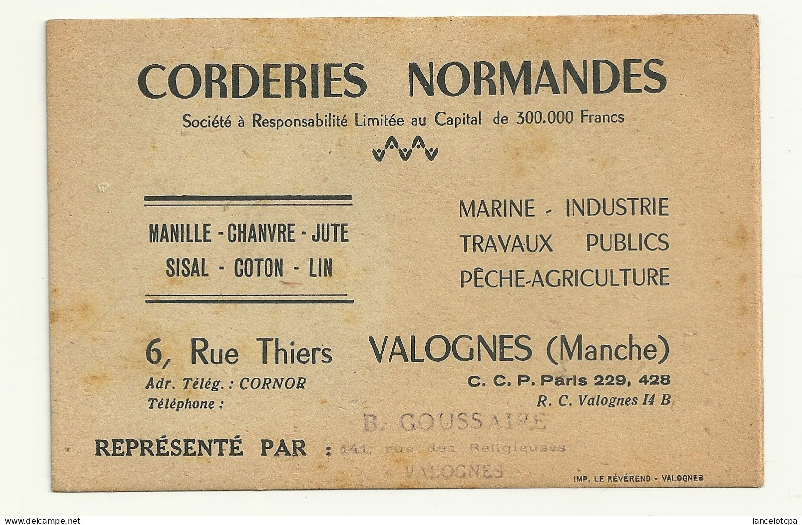 CARTE DE VISITE / CORDERIES NORMANDES - 6 RUE THIERS à VALOGNES - Visitekaartjes