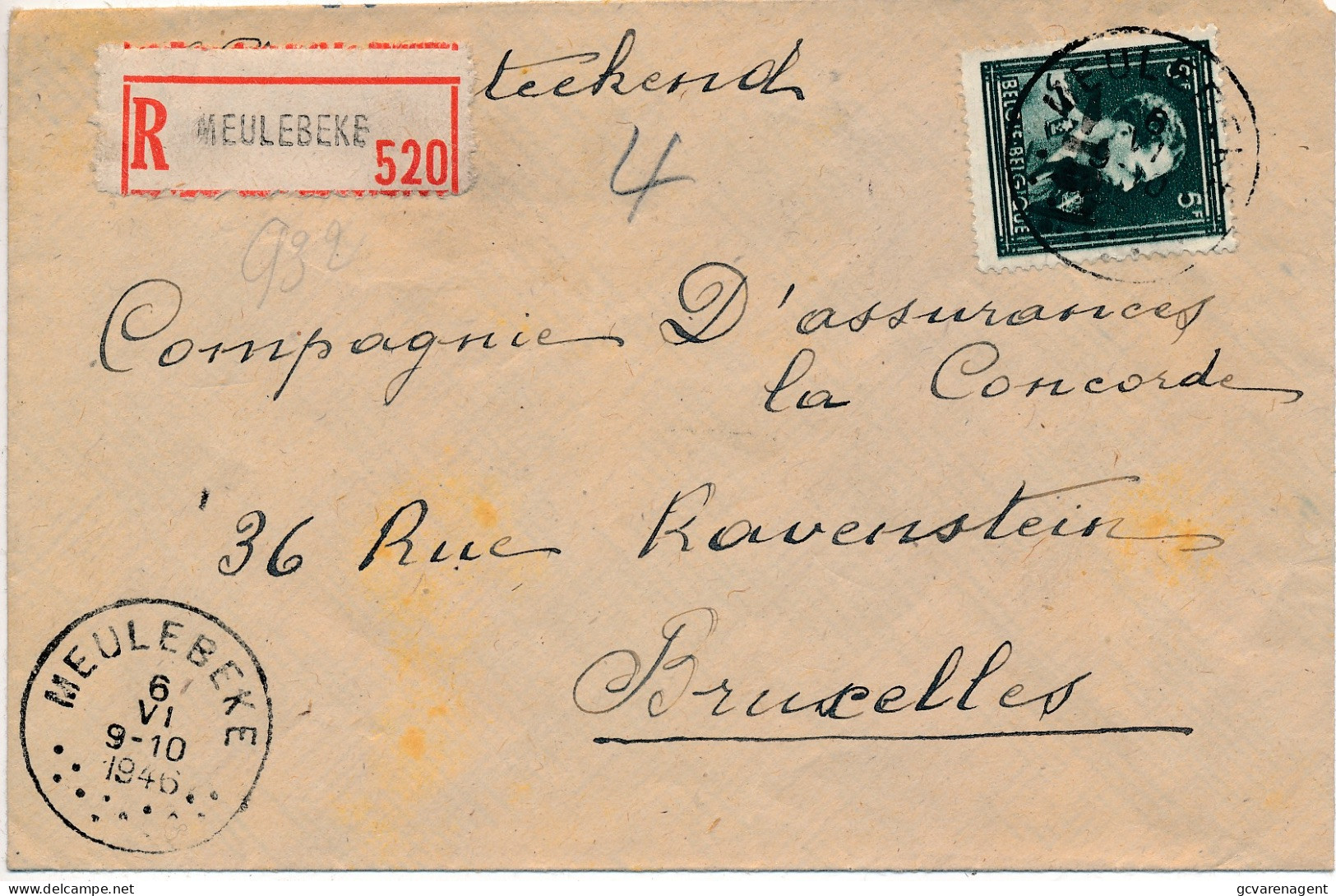 ENVELOPPE 1946  RECOMMANDE  MEULEBEKE   NAAR BRUXELLES         ZIE AFBEELDINGEN - Lettres & Documents