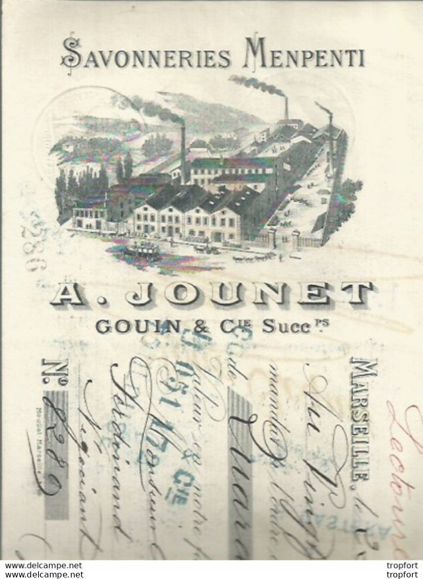 GP / MARSEILLE SAVONNERIE MENPENTI 1908 A.JOUNET Old Invoice Facture LETTRE Ancienne  SAVON - Drogisterij & Parfum