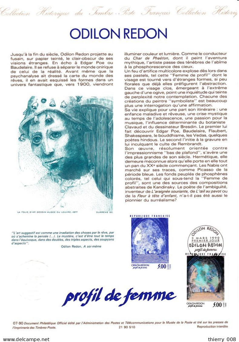 2635 Document Officiel  Odilon Redon  Profil De Femme - Documents De La Poste