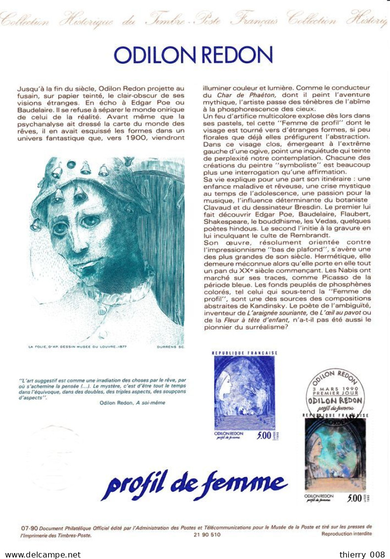 2635 Document Officiel  Odilon Redon  Profil De Femme - Postdokumente