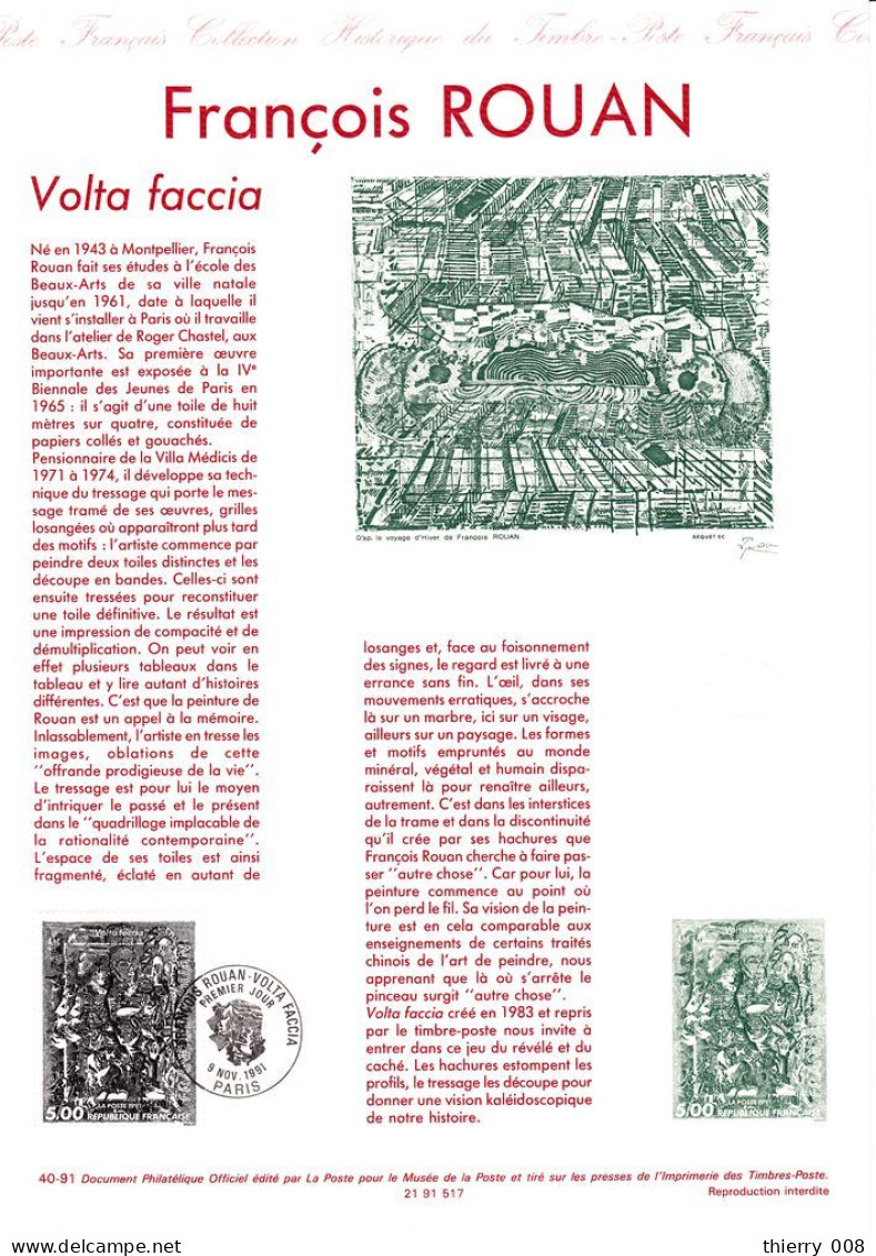 2730 Document Officiel    François Rouan  Volta Faccia  Paris 75  9 Novembre 1991 - Documents De La Poste