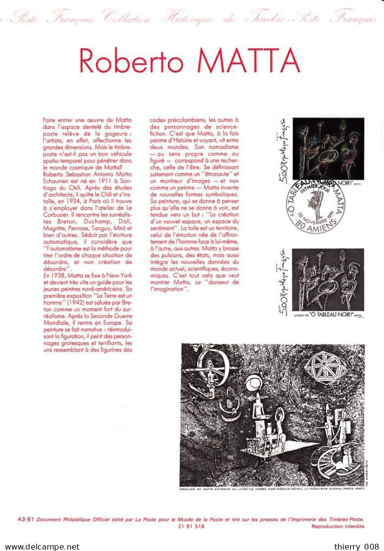 2731 Document Officiel    Roberto Matta  O Tableau Noir  Amiens 80 Somme 30 Novembre 1991 - Documentos Del Correo