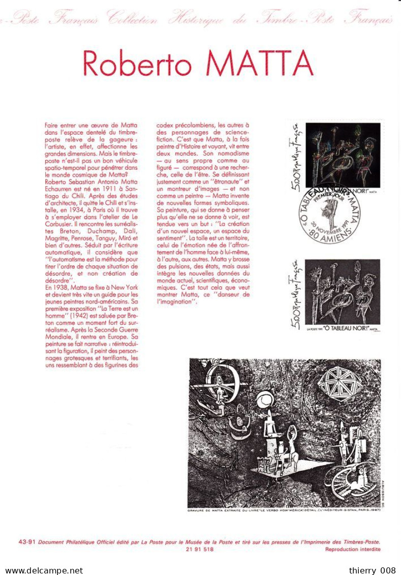 2731 Document Officiel    Roberto Matta  O Tableau Noir  Amiens 80 Somme 30 Novembre 1991 - Documents De La Poste