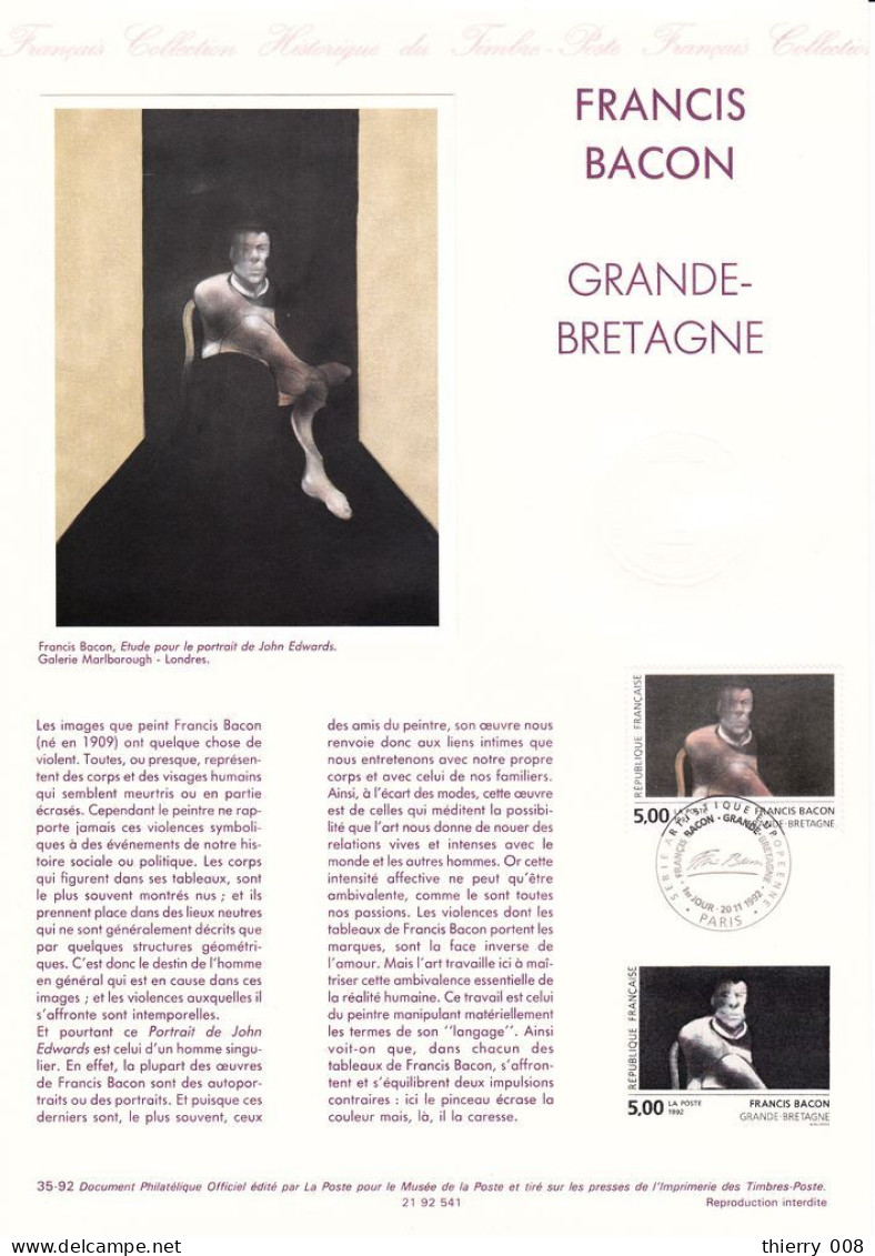2779 Document Officiel  Francis Bacon  Etude Pour Le Portrait De John Edwards  Paris 20 Novembre 1992 - Documents De La Poste