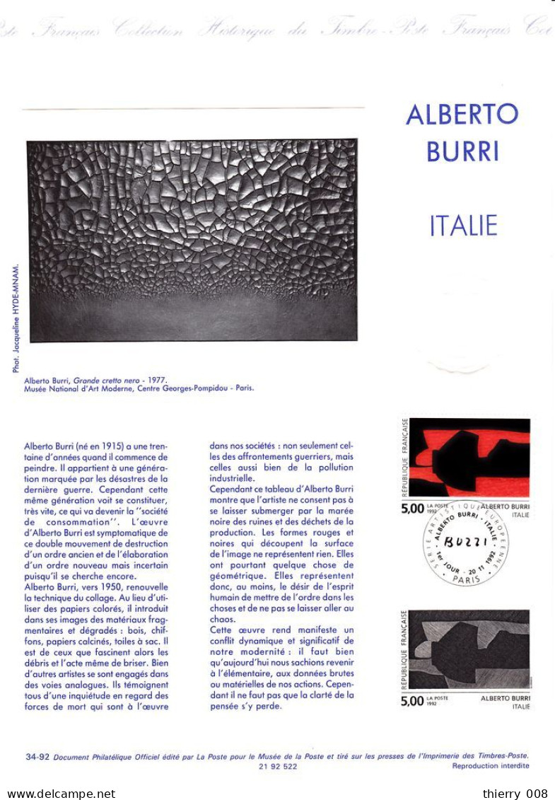 2780 Document Officiel  Alberto Burri  Grande Cretto Nero  Paris 20 Novembre 1992 - Documentos Del Correo