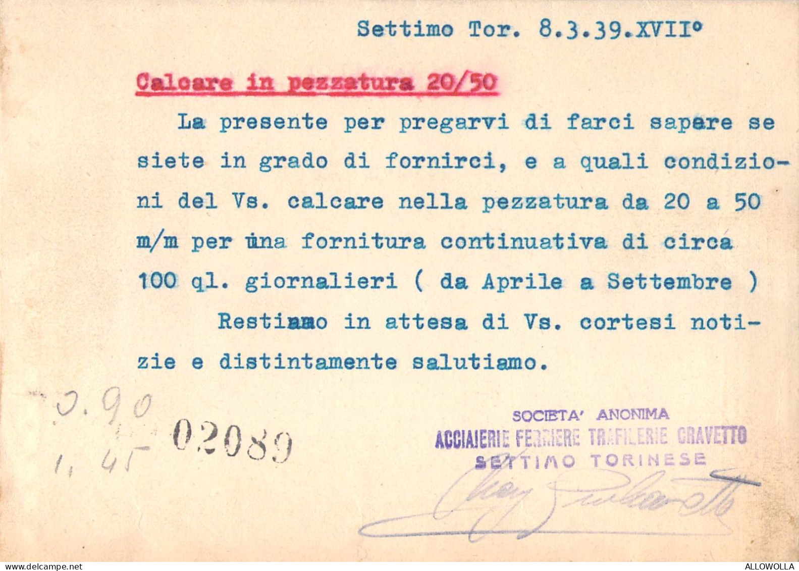 26708 " SOC. ANON. ACCIAIERIE FERRIERE TRAFILERIE CRAVETTO-SETTIMO TORINESE " CART. POST. SPED. 1939 - Andere & Zonder Classificatie