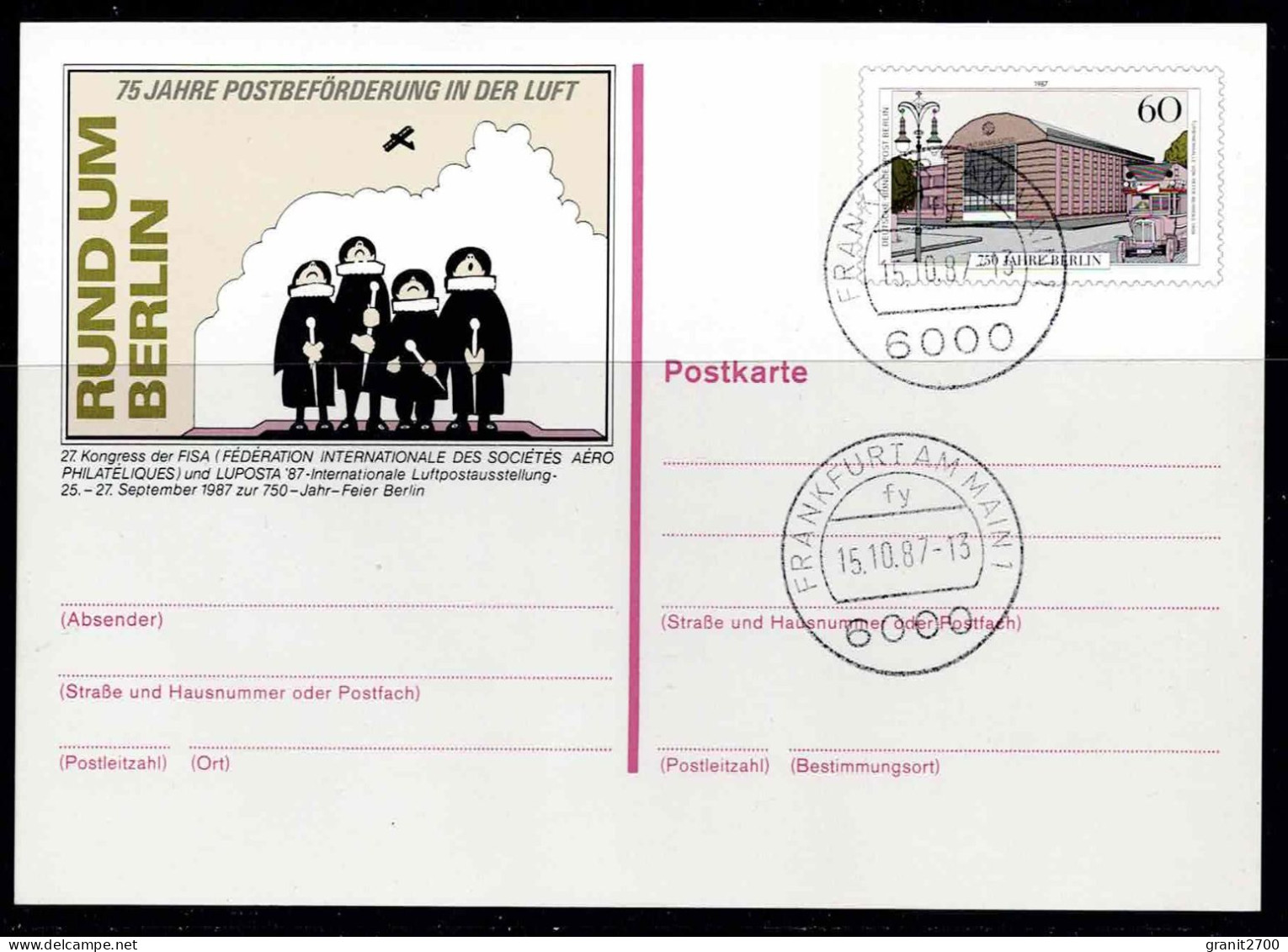 Bildpostkarte Mit Eingedruckter Marke + Stempel Frankfurt Am Main 15.10.1987 - Altri & Non Classificati