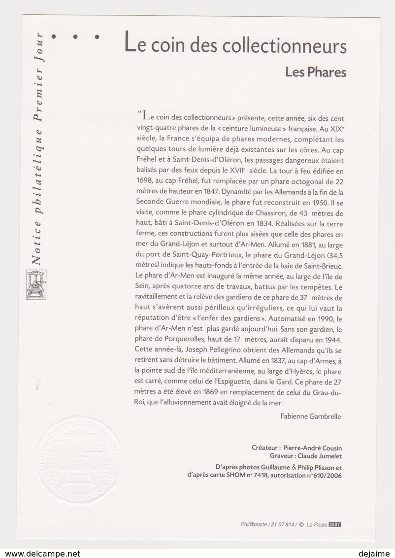 FRANCE 2007 LES PHARES Collection Historique Du Timbre-poste Français Intégrant Le BF 114 - Documents De La Poste