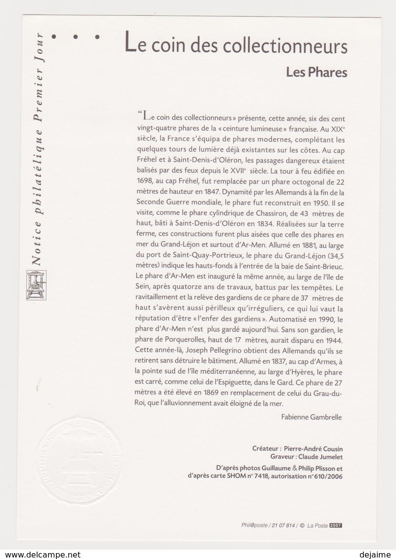 FRANCE 2007 LES PHARES Collection Historique Du Timbre-poste Français Intégrant Le BF 114 - Documents Of Postal Services