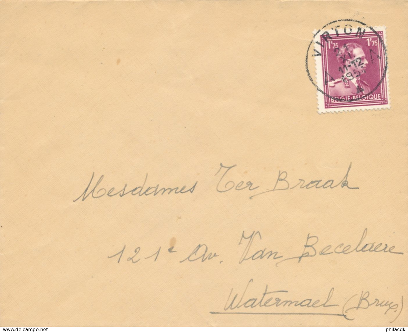 BELGIQUE - TIMBRE SUR ENVELOPPE OBLITEREE AVEC CAD VIRTON DU 21 NOVEMBRE 1951 - Cartas & Documentos