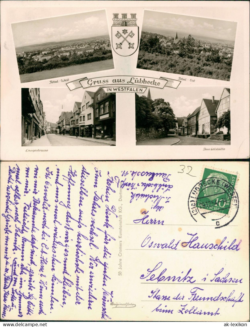 Ansichtskarte Lübbecke (Westfalen) Totale - West U. Ost, Langestraße 1954 - Luebbecke