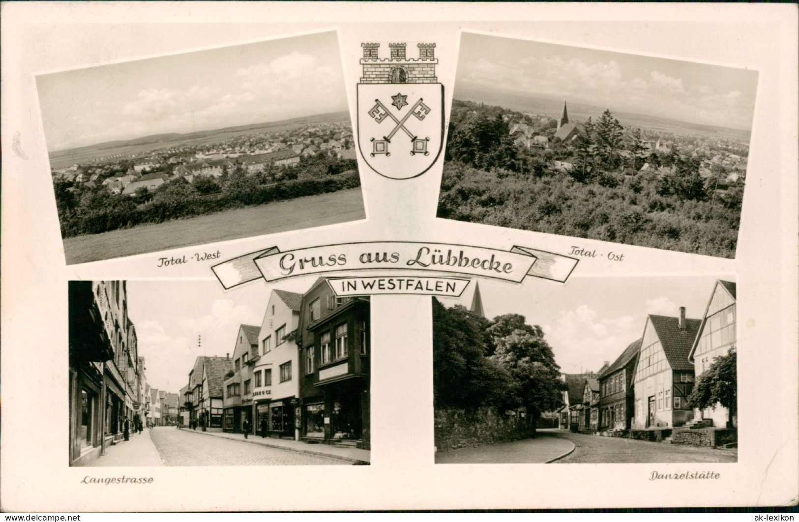 Ansichtskarte Lübbecke (Westfalen) Totale - West U. Ost, Langestraße 1954 - Lübbecke