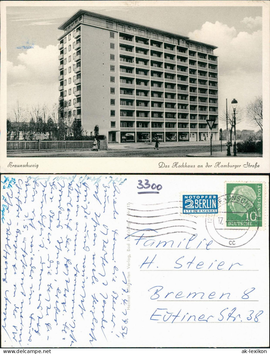 Ansichtskarte Braunschweig  Hochhaus Hamburger Straße 1954 Gel. Notopfer Berlin - Braunschweig