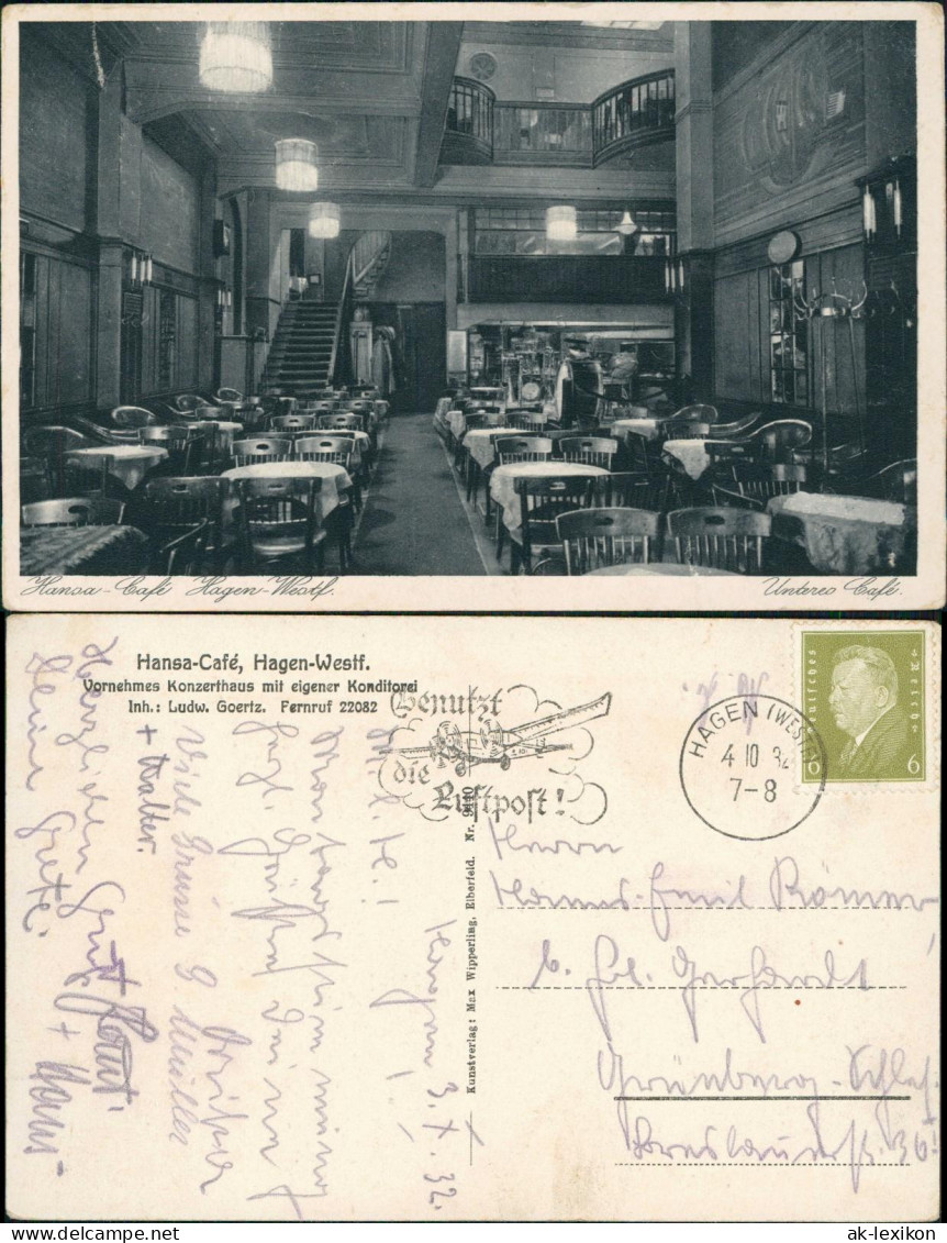 Ansichtskarte Hagen (Westfalen) Hansa-Café - Innenansicht 1932 - Hagen