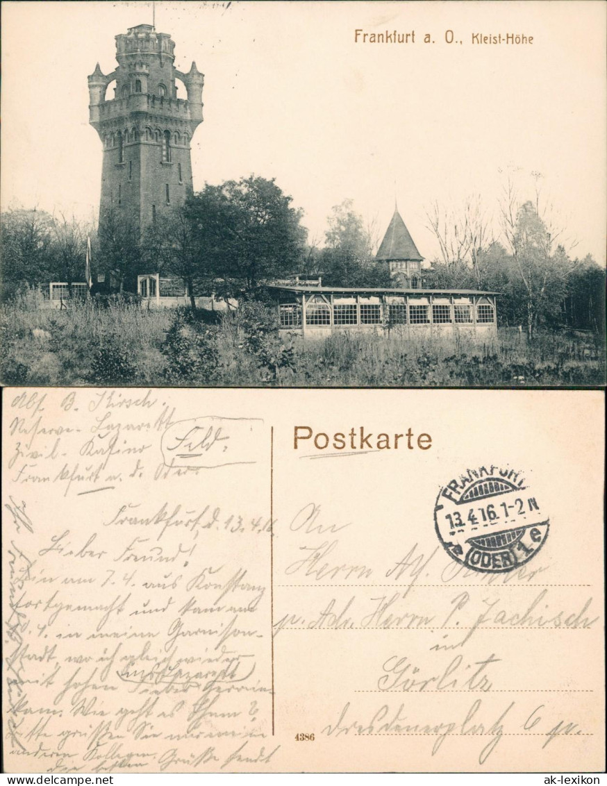 Ansichtskarte Frankfurt (Oder) Kleistturm - Höhe 1916  Gel. Felpost WK1 - Frankfurt A. D. Oder