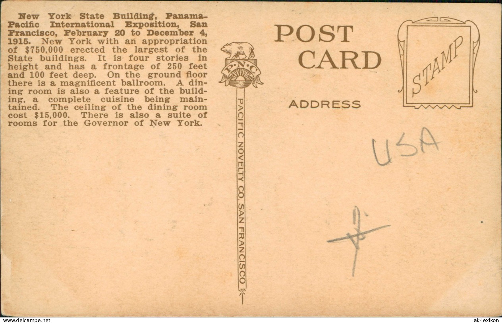 Postcard San Francisco New York State Building-Pan Pac.Int. Expo 1915 - Autres & Non Classés