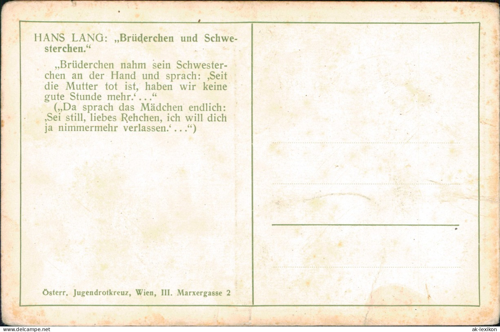 Ansichtskarte  HANS LANG: "Brüderchen Und Schwesterchen." Märchen 1918 - Vertellingen, Fabels & Legenden