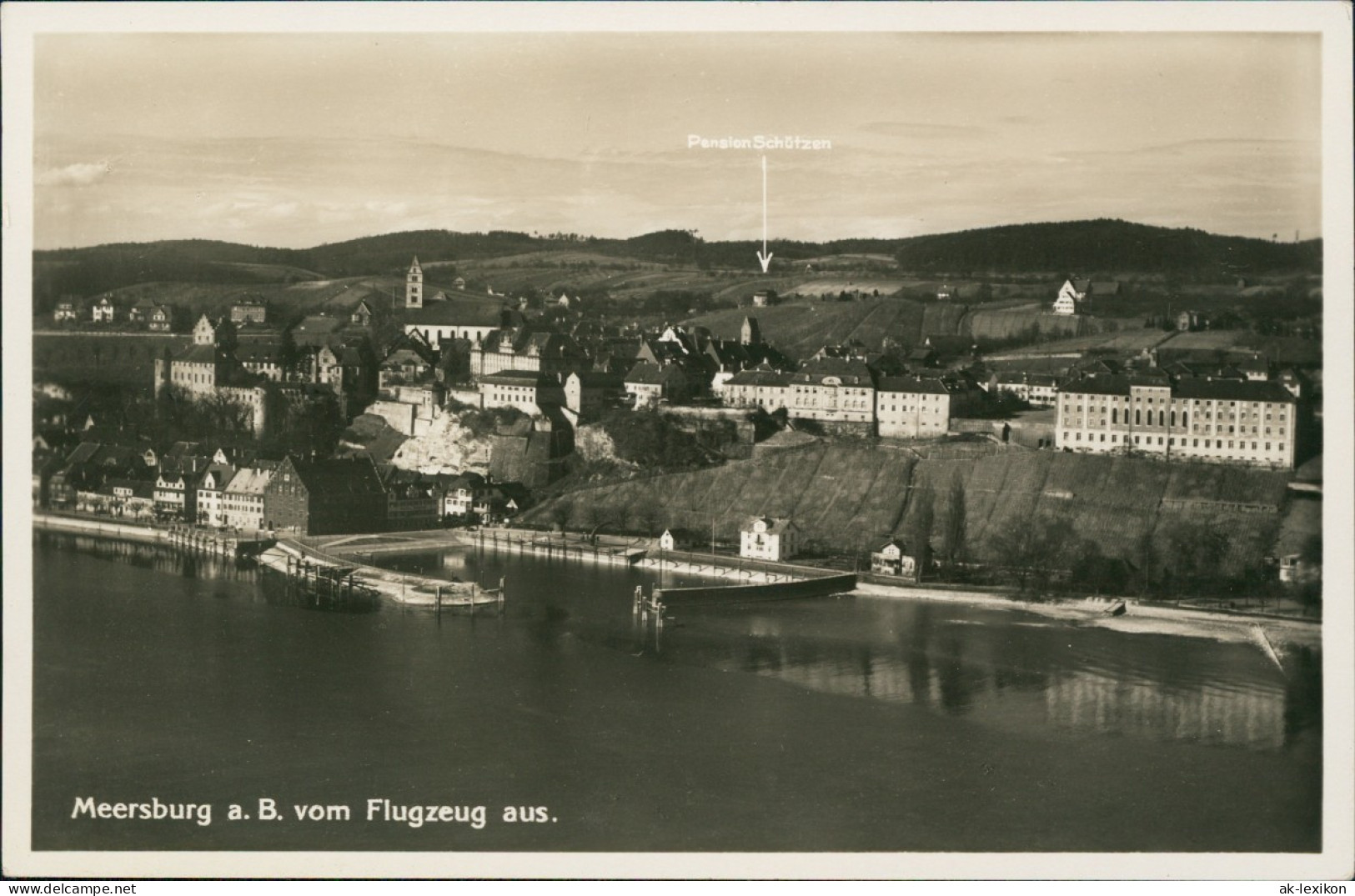 Ansichtskarte Meersburg Luftbild Pension Schützen U. Hafen 1930 - Meersburg