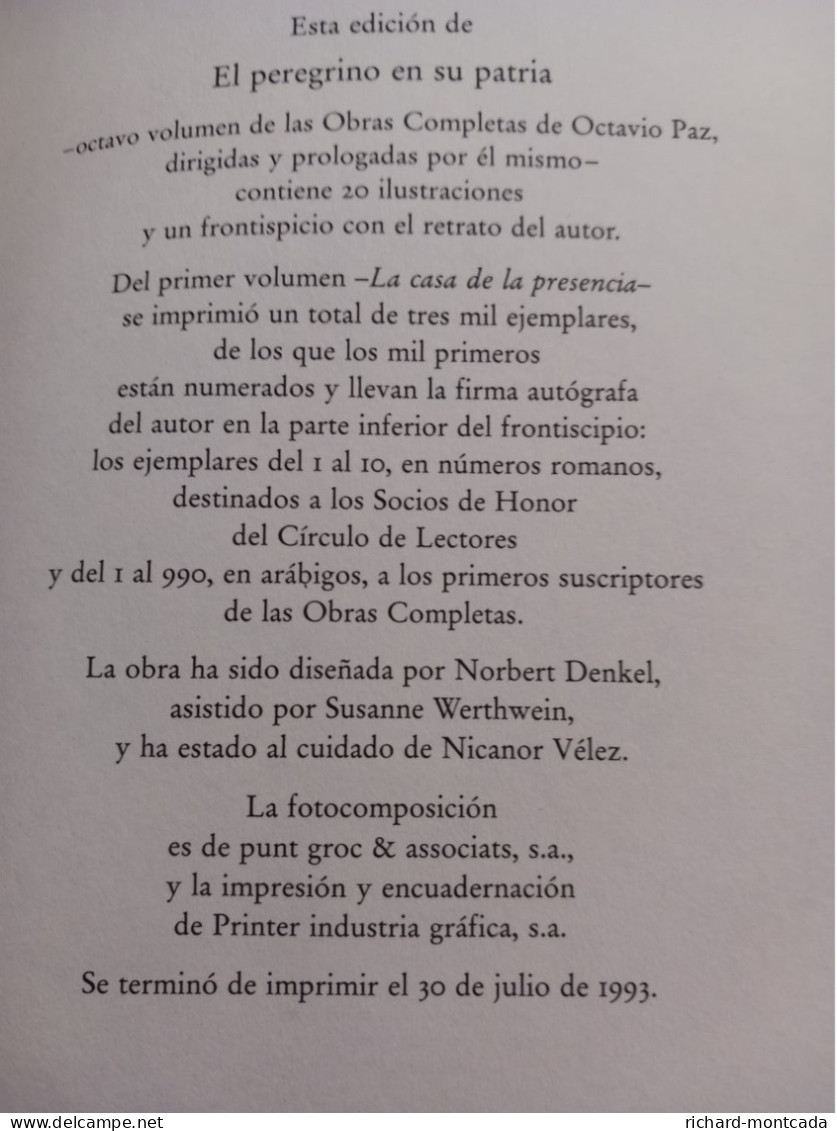 El Pelegrino En Su Patria De Octavio Paz.año 1993 - Literatuur