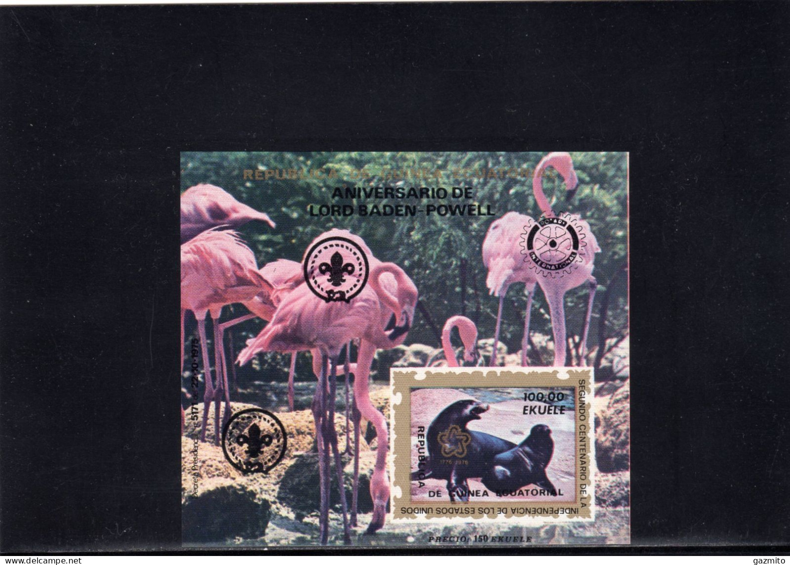 Guinea Equat. 1976, 200th Independence USA, Seal, Flamingo, Scout, Rotary, Overp. Black, BF IMPERFORATED - Guinea Ecuatorial