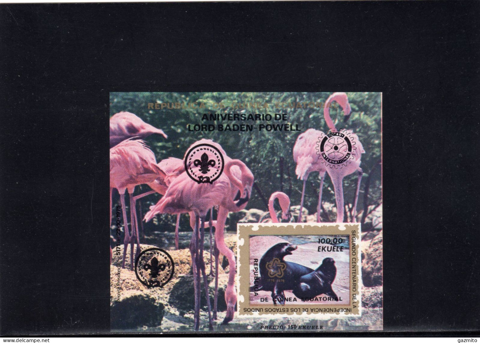 Guinea Equat. 1976, 200th Independence USA, Seal, Flamingo, Scout, Rotary, Overp. Black, BF IMPERFORATED - Guinée Equatoriale