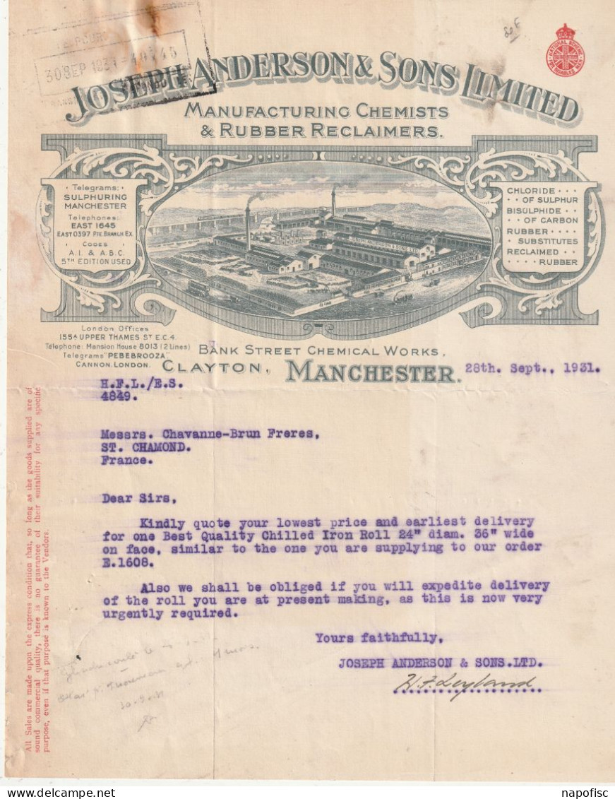 98-J.Anderson & Sons..Manufacturing Chemists & Rubber Reclaimers...Manchester..(U.K) ...1931 - Regno Unito