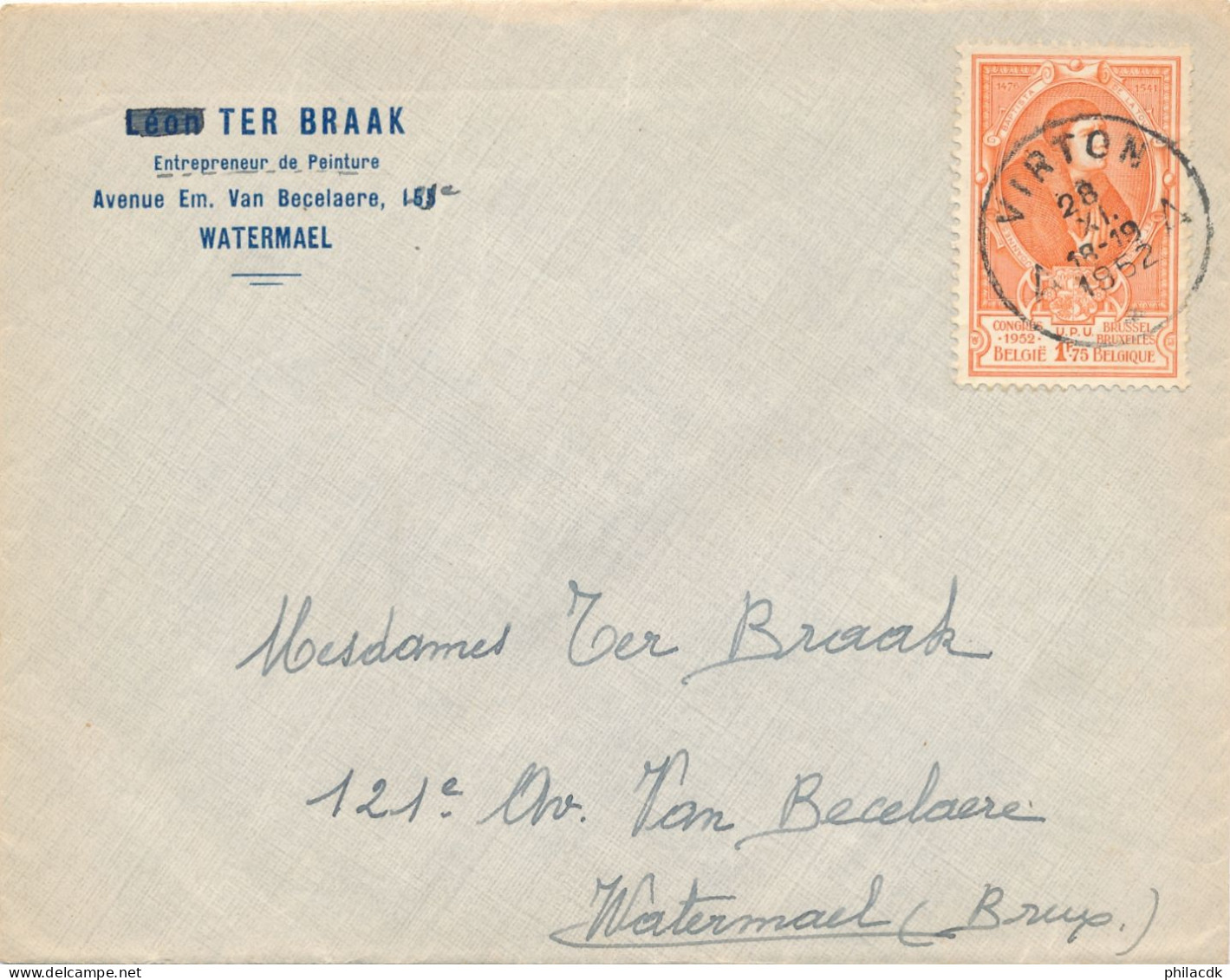 BELGIQUE - TIMBRE SUR ENVELOPPE OBLITEREE AVEC CAD VIRTON DU 28 NOVEMBRE 1952 - Covers & Documents