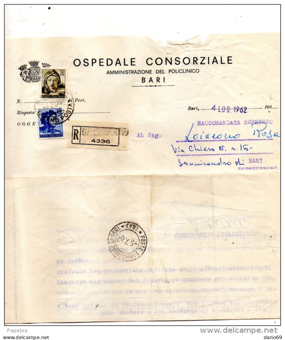 1962 LETTERA RACCOMANDATE CON ANNULLO SANNICANDRO DI BARI - 1946-60: Marcophilie