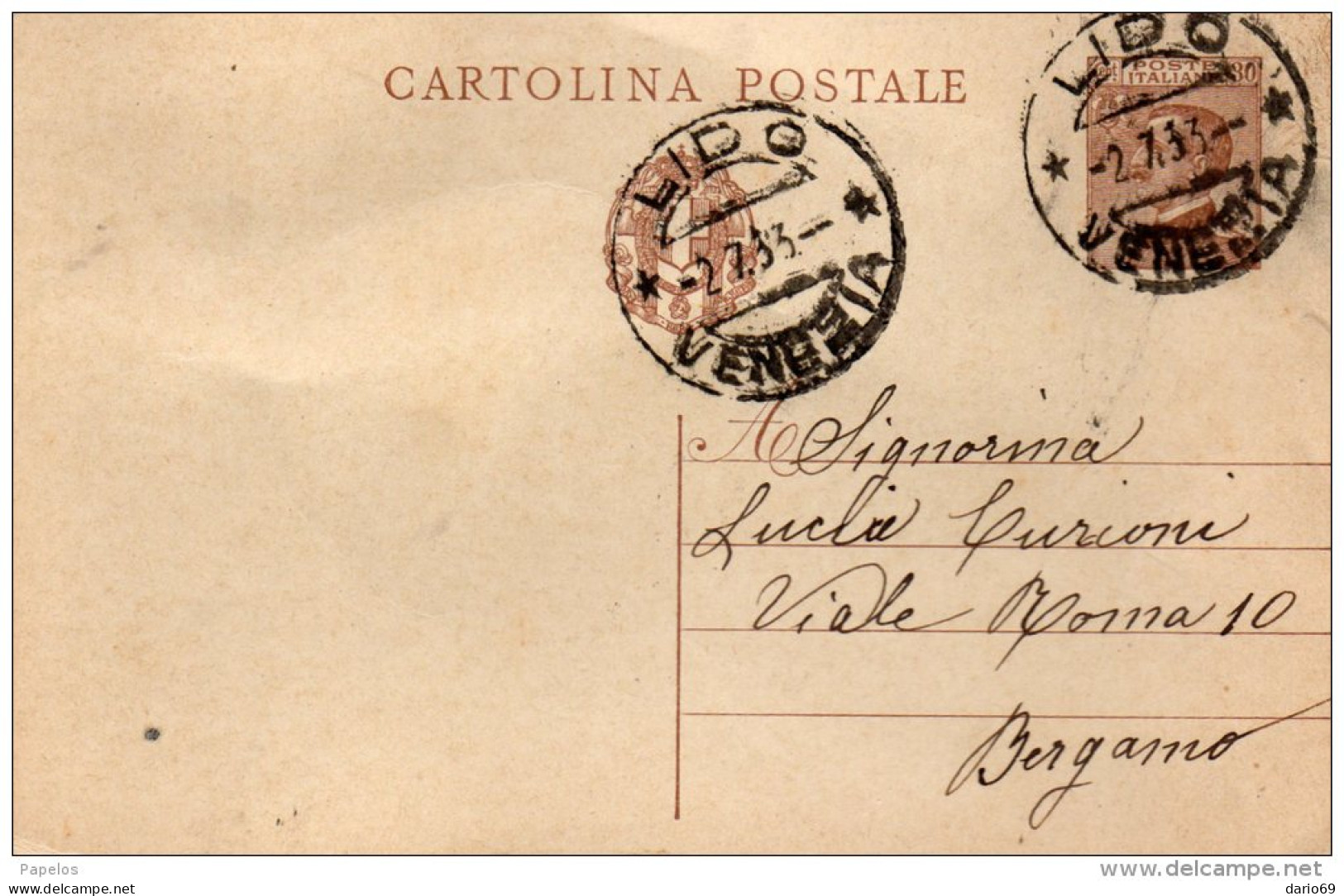 1933  CARTOLINA CON ANNULLO LIDO VENEZIA - Entero Postal