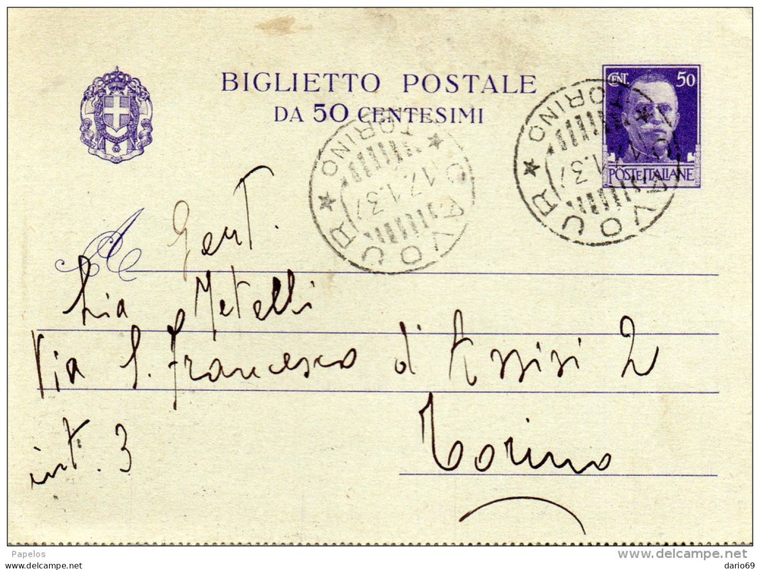 1937  CARTOLINA CON ANNULLO CAVOUR TORINO - Stamped Stationery