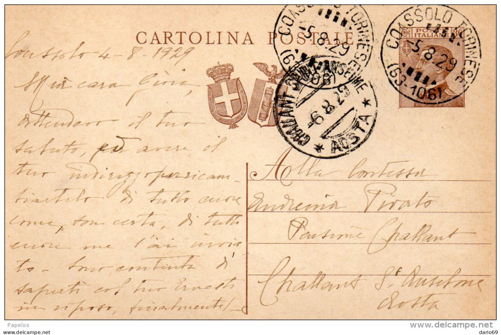 1929 CARTOLINA CON ANNULLO COASSOLO TORINESE TORINO - Entero Postal