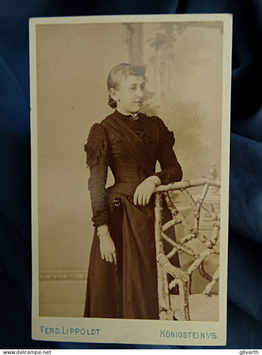 Photo CDV Ferd. Lippoldt à Königstein Jeune Fille Accoudée Sur Le Dossier D'un Fauteuil  CA 1890 - L430 - Anciennes (Av. 1900)