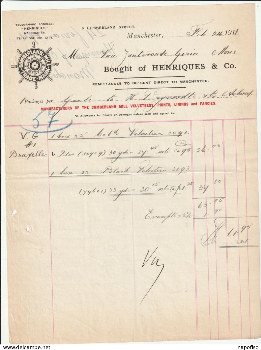 98-Henriques & Co..Manufacturers Of The Cumberland Mill Velveteens, Prints, Lining & Fancies...Manchester..(U.K) .1916 - United Kingdom